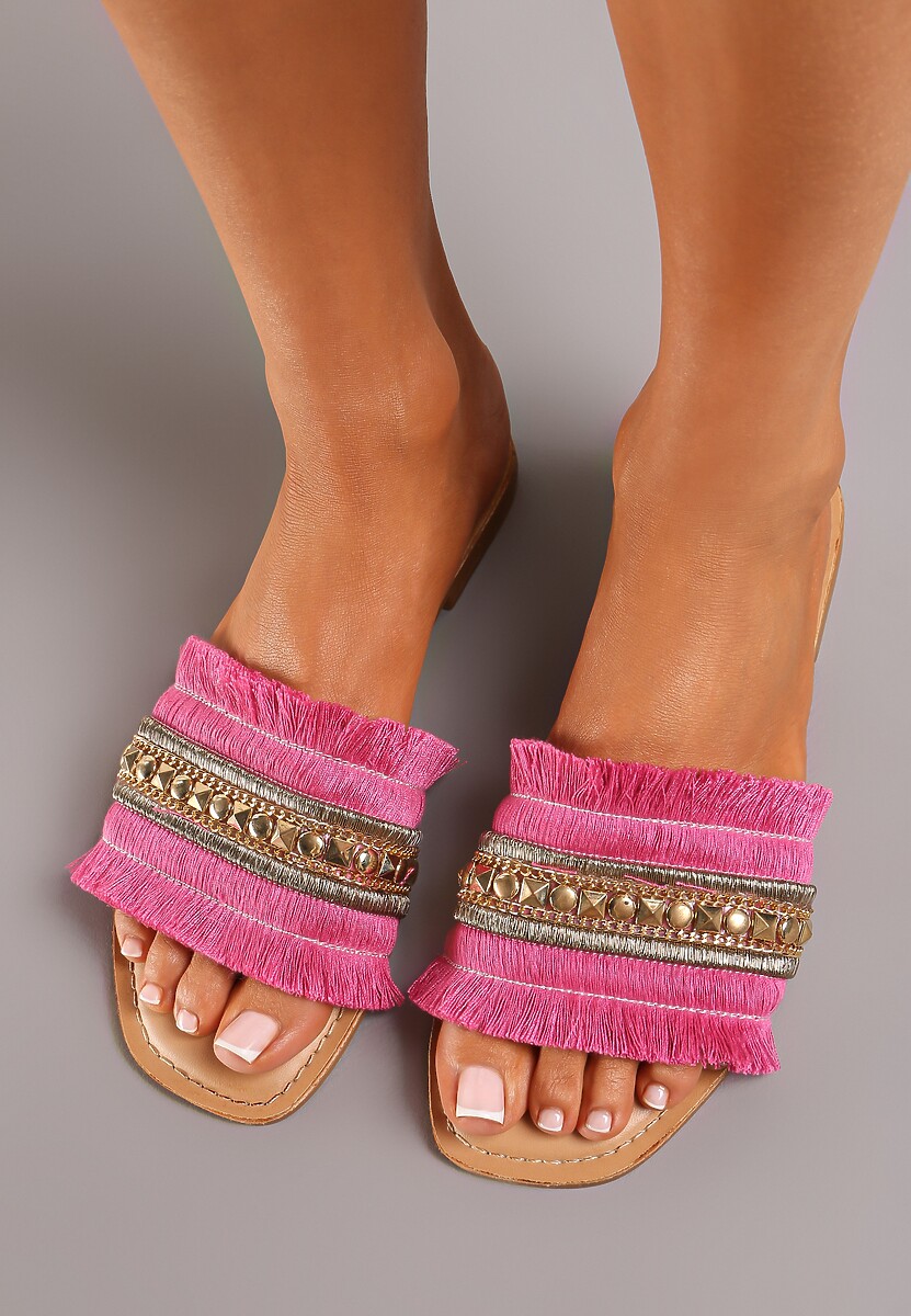 Fuksjowe Klapki z Bogato Zdobionym Paskiem z Cyrkoniami Baslila