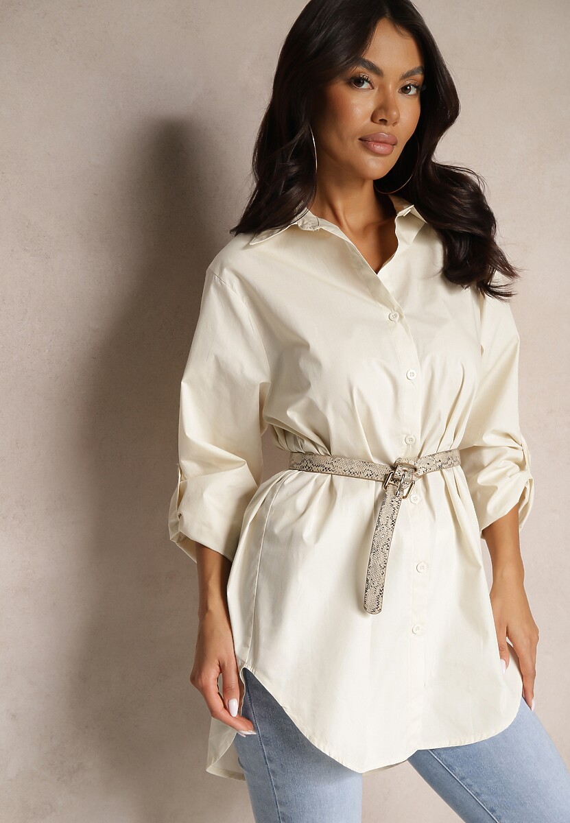 Beżowa Bawełniana Długa Koszula z Regulacją przy Rękawach Dorivelle