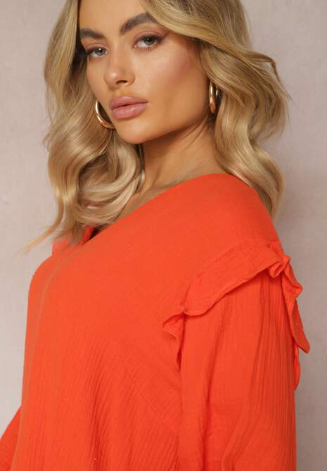 Pomarańczowa Bawełniana Bluzka z Trójkątnym Dekoltem i Ozdobną Falbanką Redsta