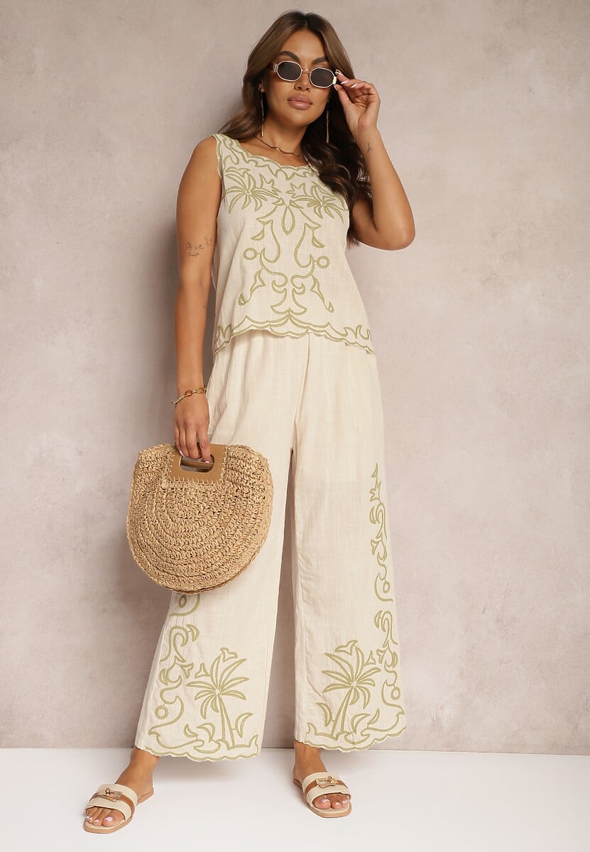 Beżowy Komplet z Bawełny Ozdobiony Haftem Długie Spodnie i Bluzka Bez Rękawów Kerceria