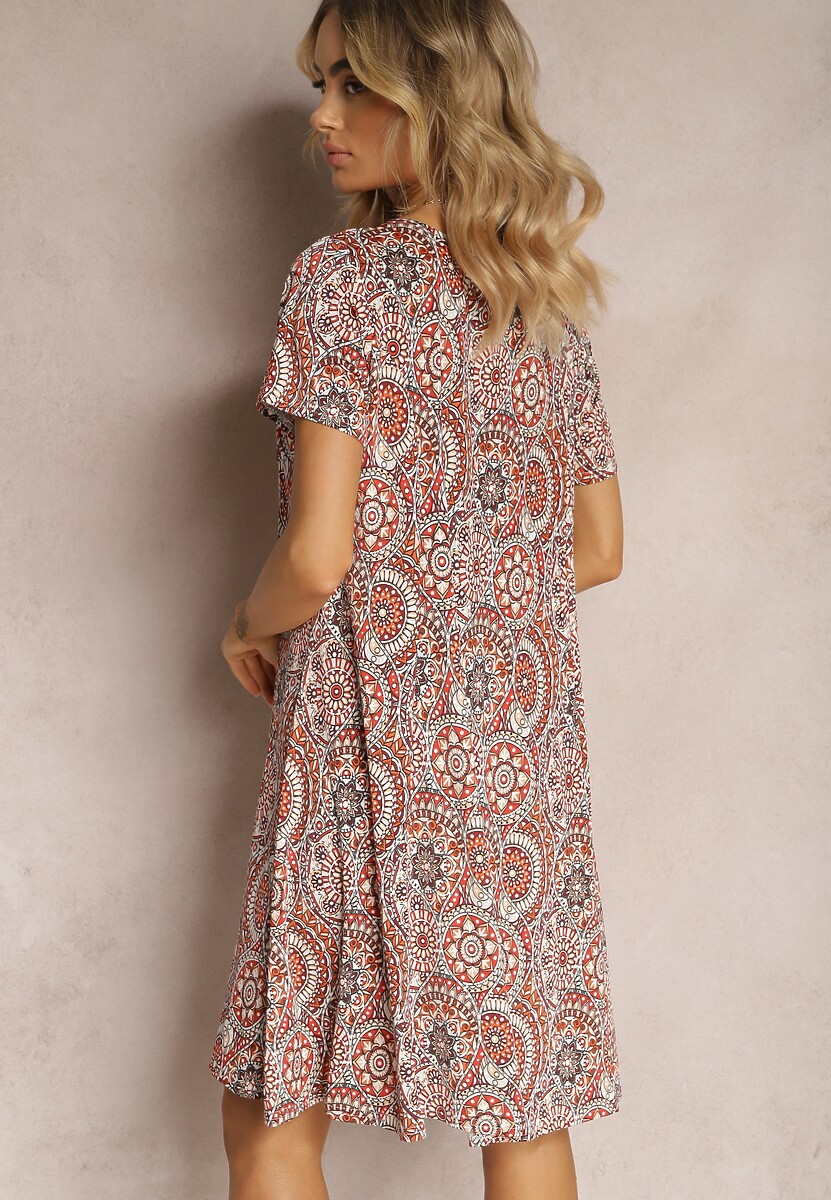 Pomarańczowa Krótka Sukienka w Stylu Boho z Elastycznej Wiskozy z Krótkimi Rękawami Ailoni