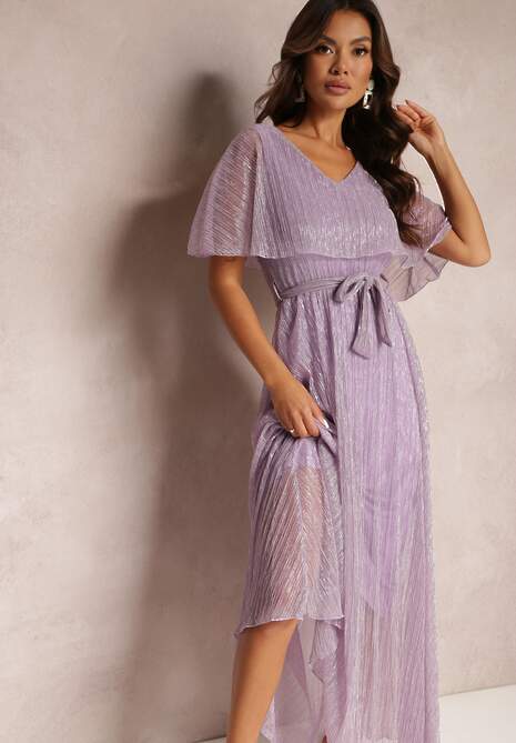 Ciemnofioletowa Koktajlowa Sukienka Maxi z Ozdobną Falbaną na Górze Cailey