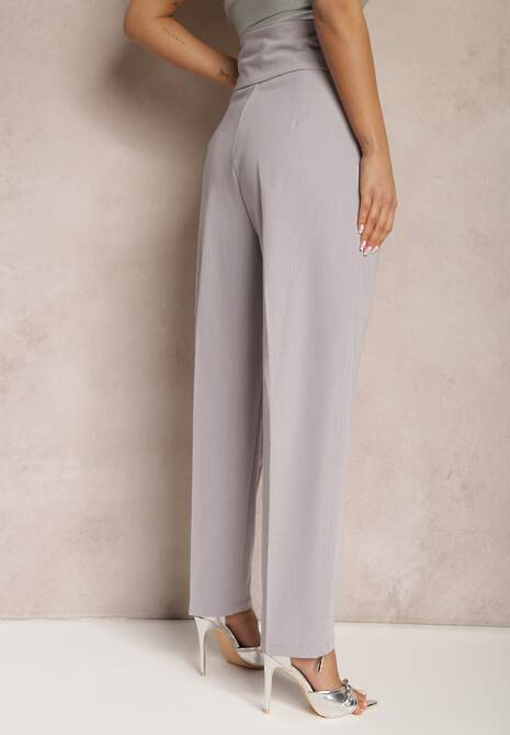 Szare Spodnie Garniturowe High Waist z Dwoma Paskami Ismera