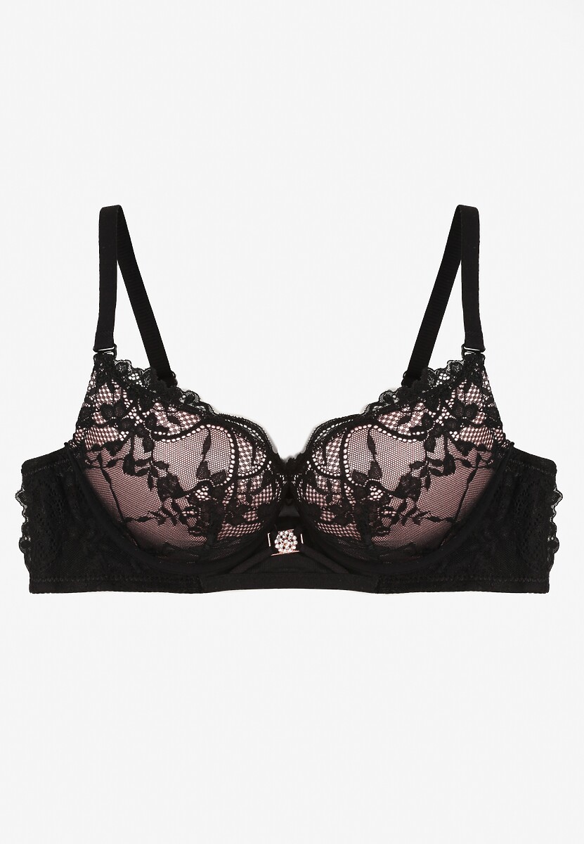 Czarno-Różowy Koronkowy Biustonosz Push-Up z Metaliczną Ozdobą Aclenne
