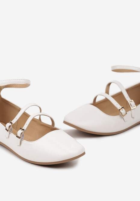Białe Klasyczne Balerinki Zapinane na Paseczki z Ozdobnymi Klamerkami Lerithana