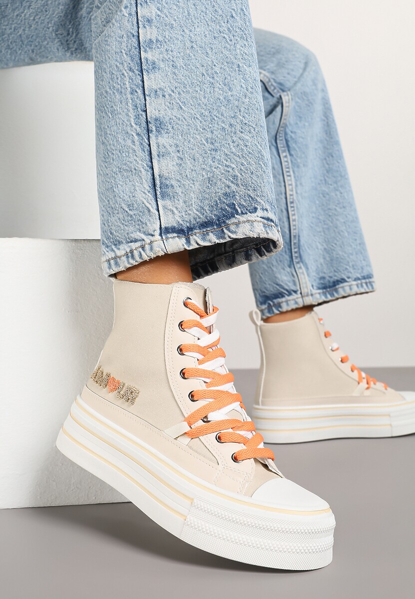 Beżowe Trampki z Cholewką za Kostkę i Kontrastowym Sznurowaniem Rivloti