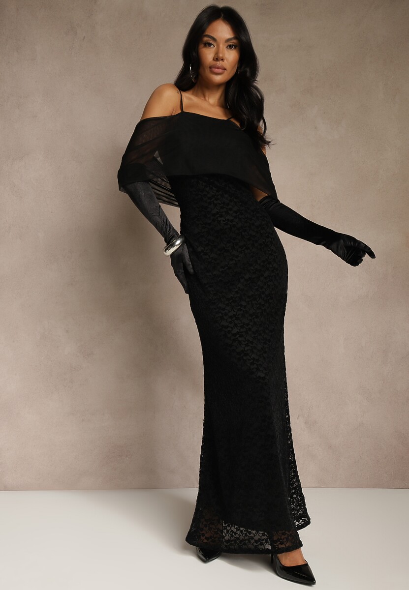 Czarna Sukienka o Asymetrycznym Kroju Ozdobiona Falbaną Owedia