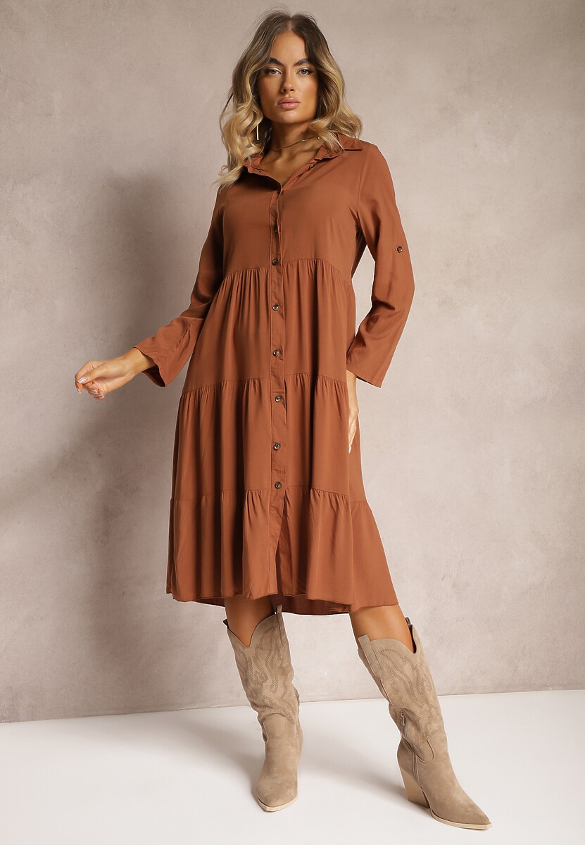Brązowa Rozkloszowana Sukienka z Bawełny w Koszulowym Stylu Canidre
