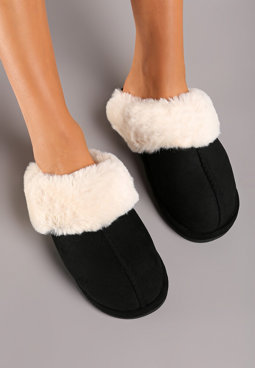 Czarne Kapcie na Płaskiej Podeszwie z Przeszyciem i Futerkiem Savarilin