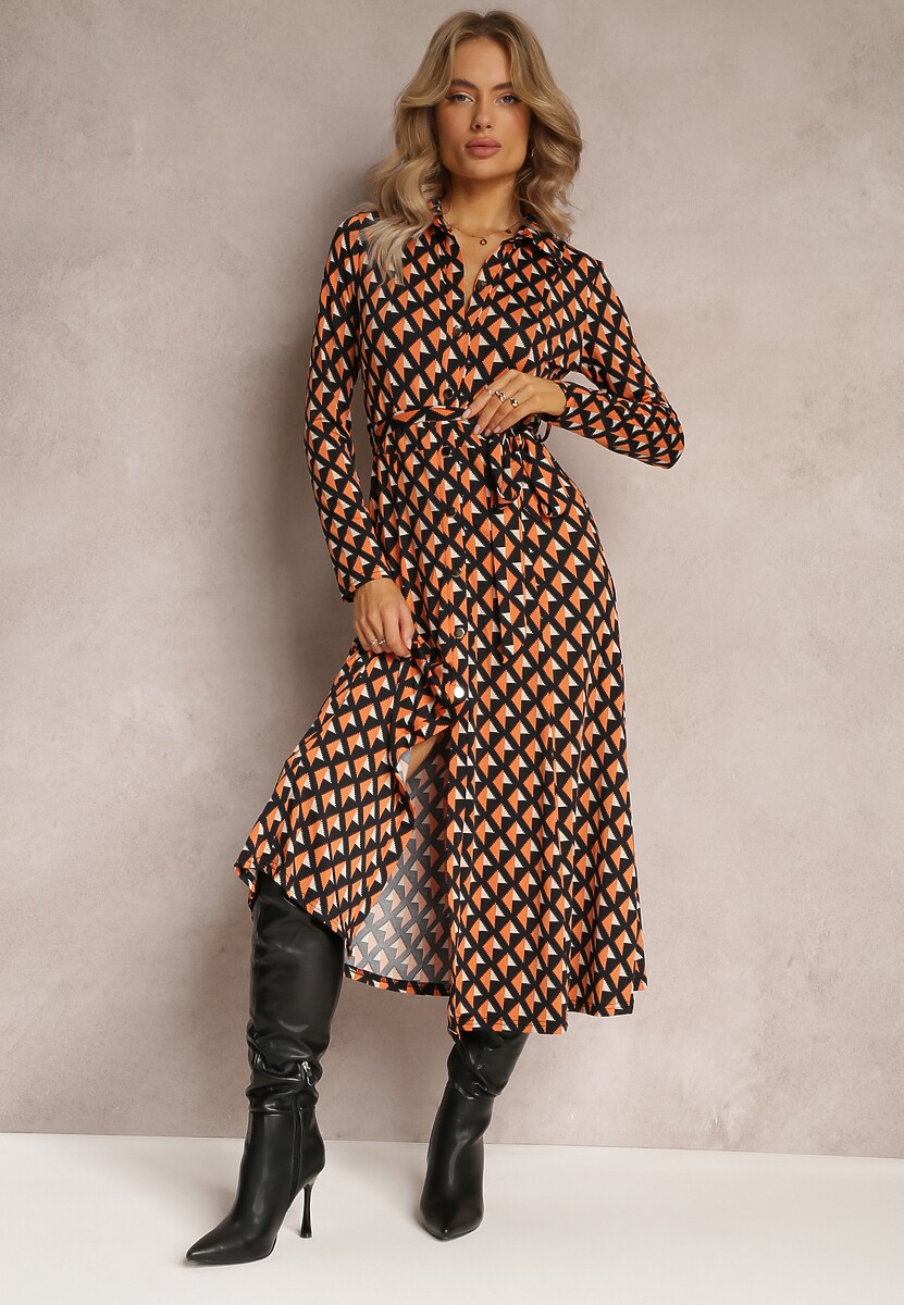 Pomarańczowo-Czarna Sukienka Koszulowa Rozkloszowana Burrus