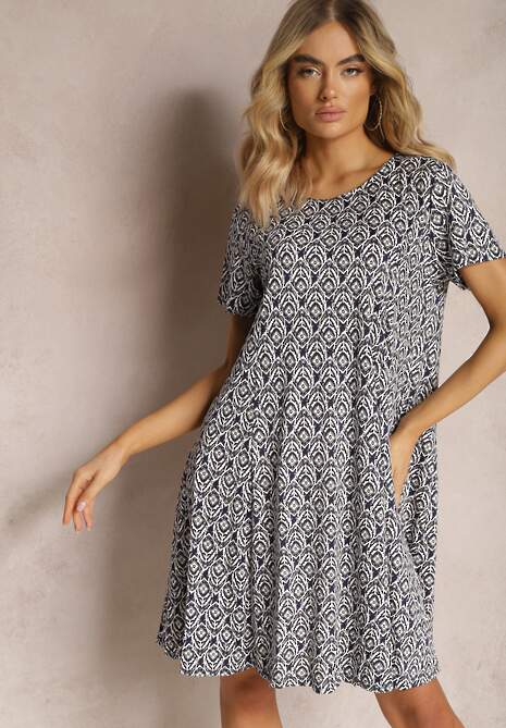 Granatowa Wiskozowa Sukienka o Rozkloszowanym Fasonie z Ornamentalnym Wzorem Jasminas