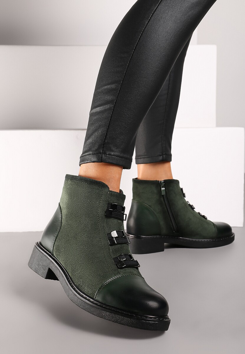 Zielone Płaskie Botki Ozdobione Metalowymi Aplikacjami Cetirra
