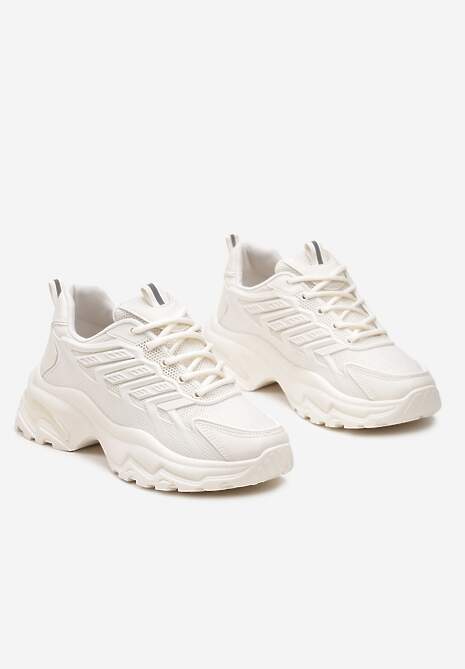 Beżowe Sneakersy na Tłoczonej Podeszwie z Siateczkowymi Wstawkami Amrogia