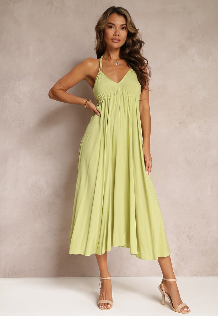 Zielona Sukienka Midi z Wiskozy i Wiązaniem na Szyi Alleve