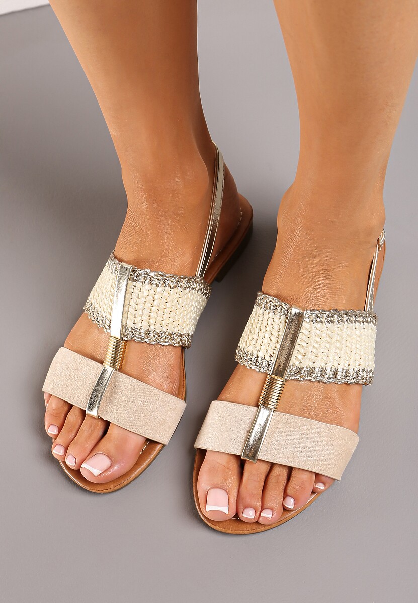 Beżowe Sandały z Ekoskóry ze Sprzączką z Metalicznymi Wstawkami i Plecionką Ursules