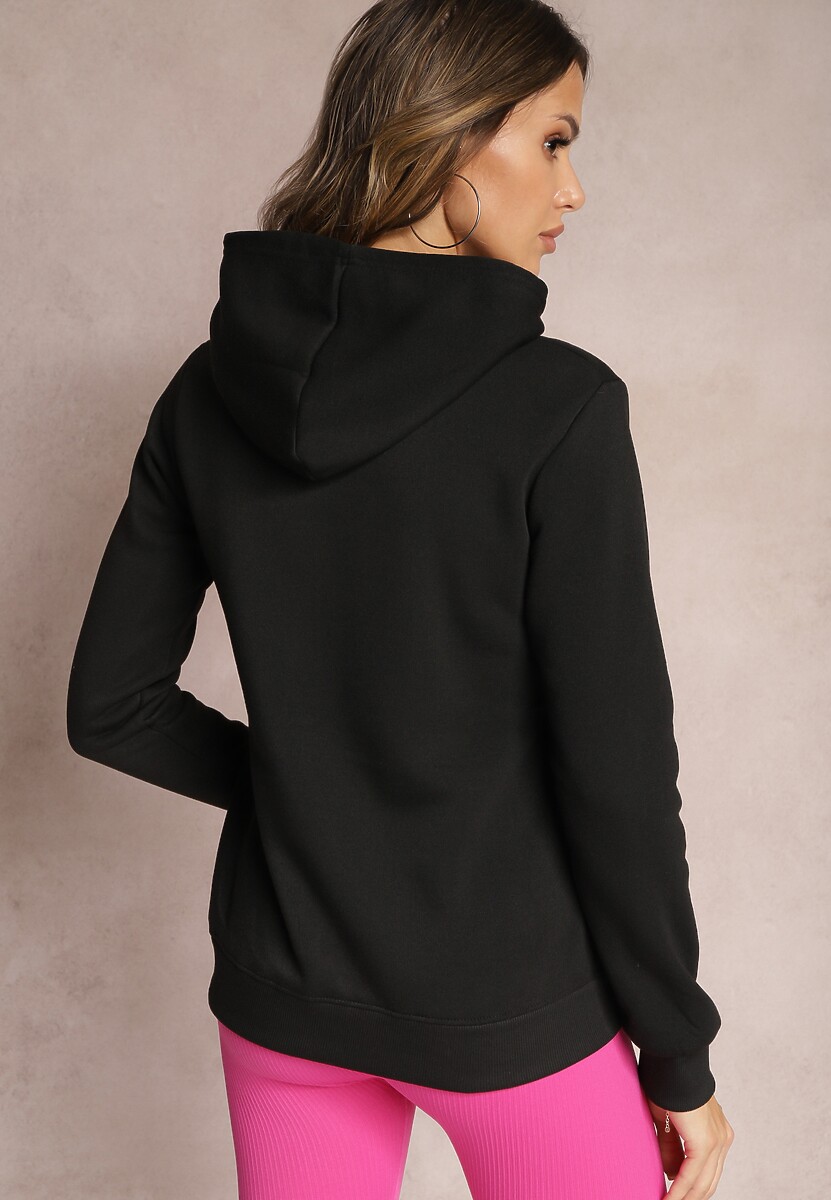 Czarna Ocieplona Bluza z Kapturem Ozdobiona Naszywką i Napisem Eirellia