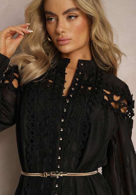 Czarna Koszulowa Sukienka Mini z Paskiem Zdobiona Koronką Organdi