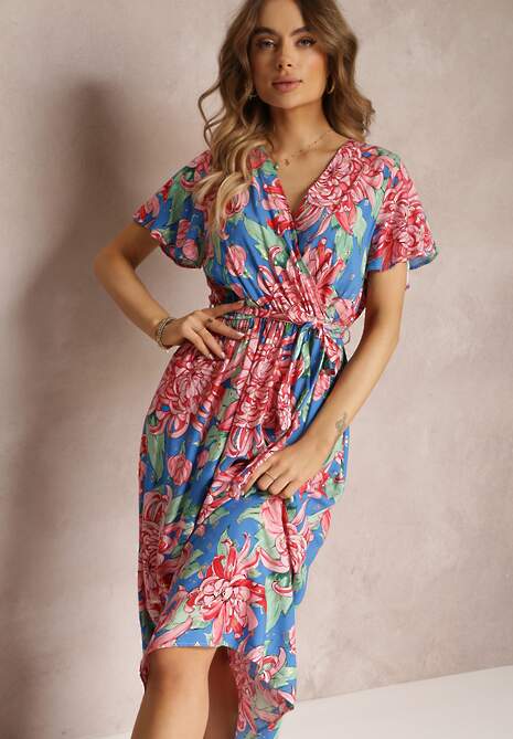 Niebiesko-Różowa Wiskozowa Sukienka Maxi z Kopertowym Dekoltem z Gumką w Talii Lynette