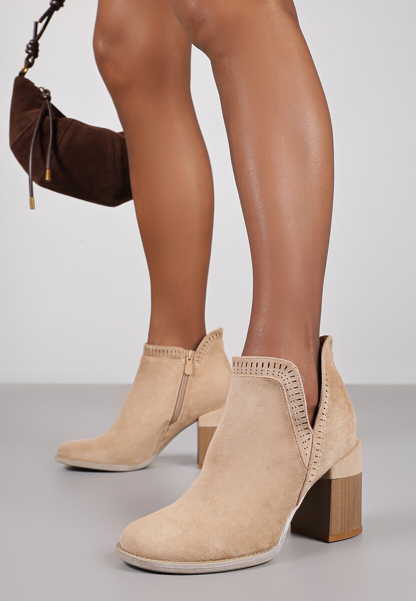 Ciemnobeżowe Ażurowe Botki na Słupku Neveli