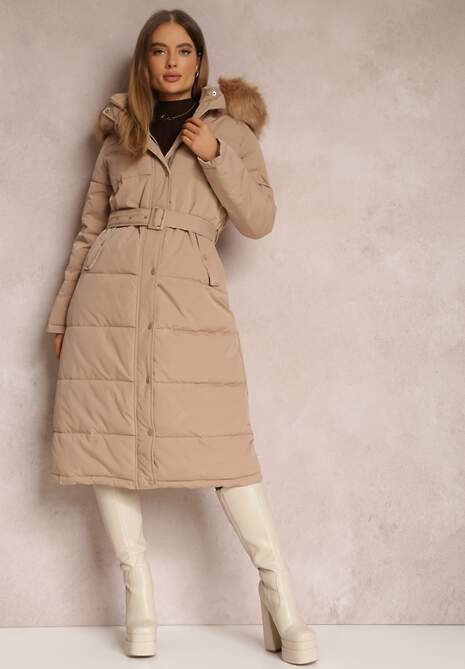 Ciemnobeżowa Kurtka Długa z Paskiem i Kapturem Pikowana Nilme