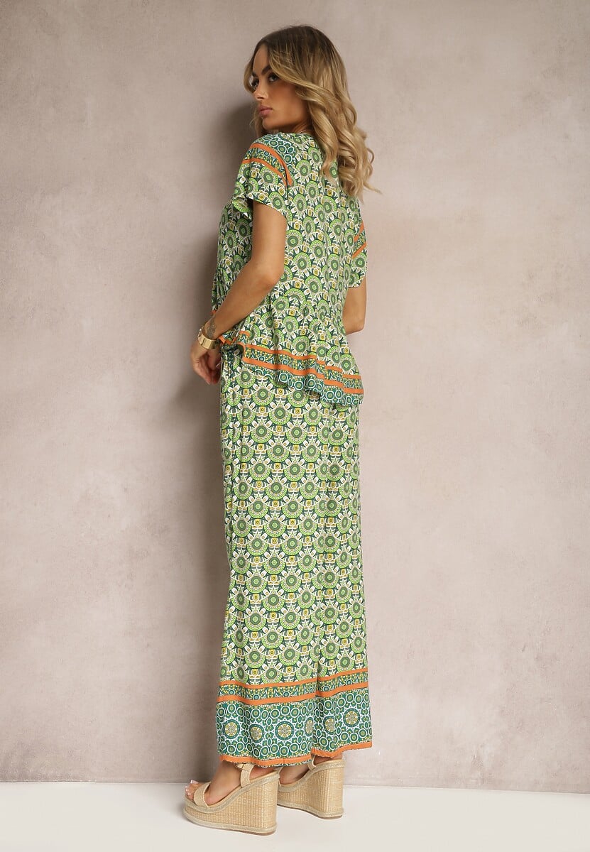 Zielony Komplet z Wiskozy w Stylu Boho Bluzka z Krótkim Rękawem i Spodnie z Gumką w Pasie Valesia