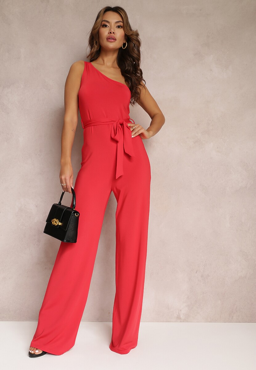 Czarny Asymetryczny Kombinezon z Szerokimi Nogawkami i Materiałowym Paskiem Atara