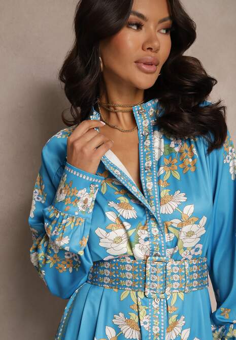 Niebieska Sukienka w Kwiaty o Koszulowym Kroju z Paskiem Alanisia