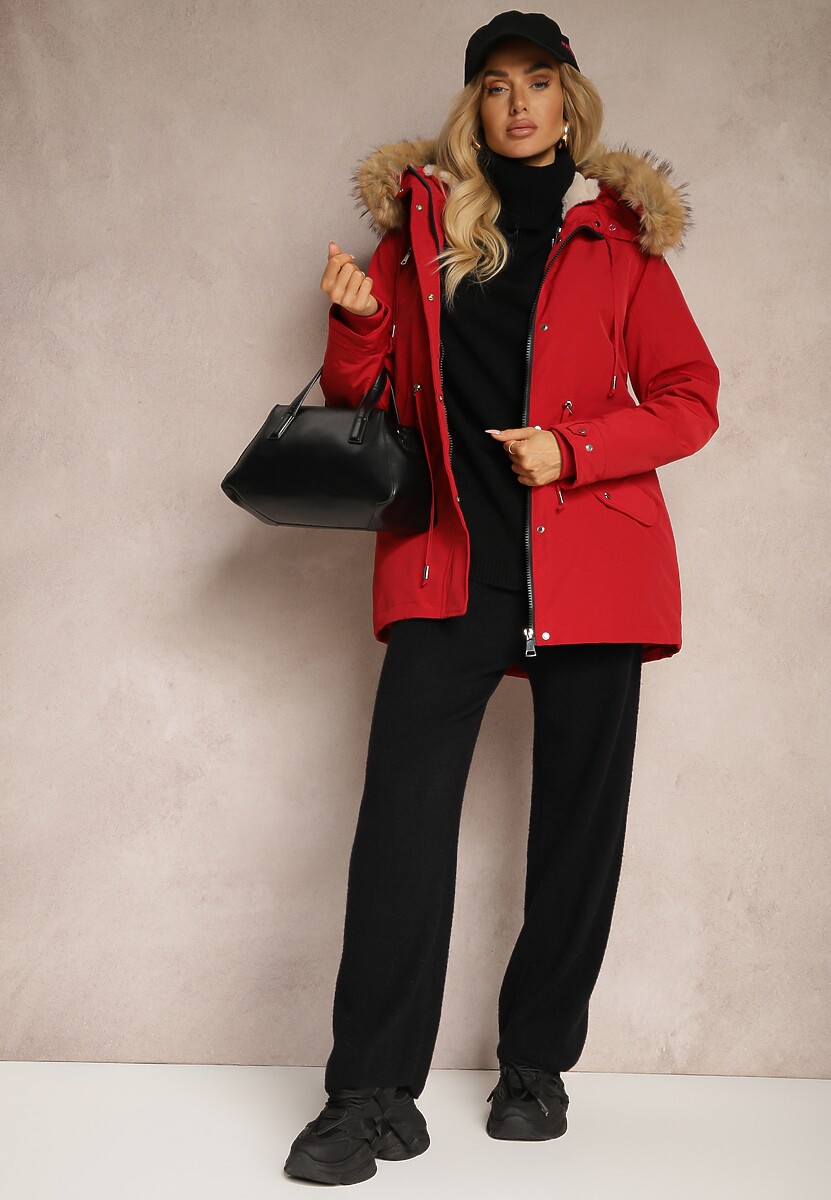 Bordowa Kurtka Parka Mocno Ocieplana z Futerkiem przy Kapturze z Możliwością Odpięcia Sialthira