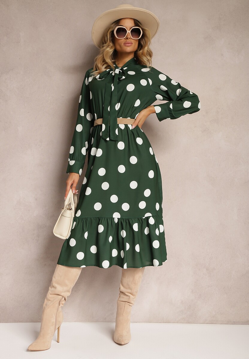 Brązowa Sukienka w Kropki o Rozkloszowanym Kroju z Wiązaniem przy Szyi Xelvira