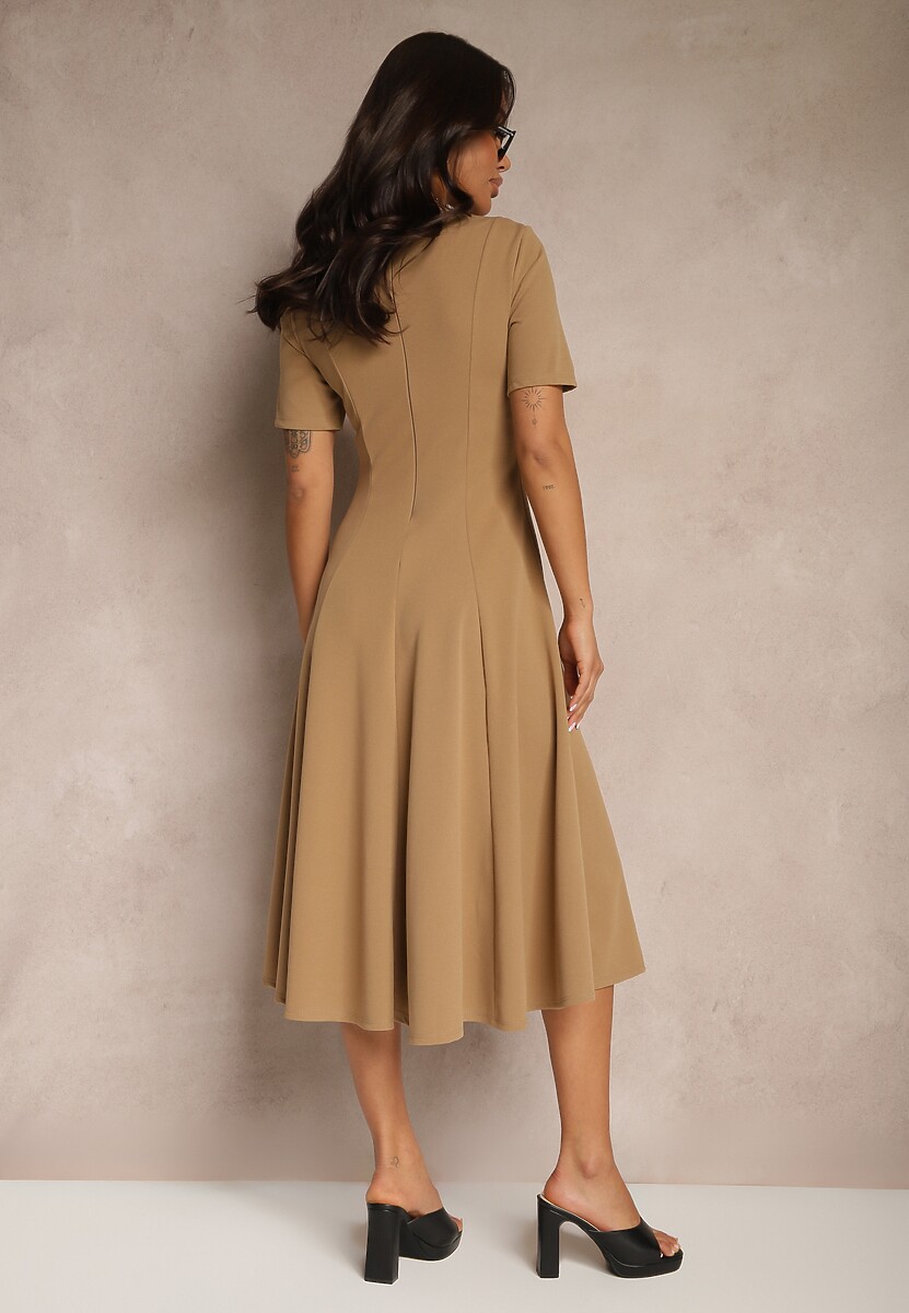 Ciemnobeżowa Sukienka Rozkloszowana o Taliowanym Fasonie Telaswena