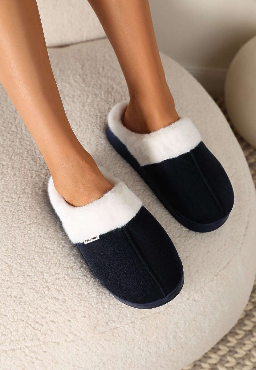 Granatowe Kapcie na Płaskiej Podeszwie z Futerkiem Lerivena