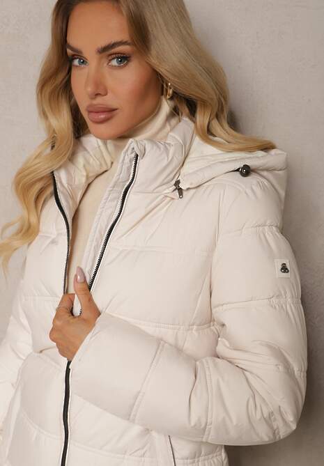 Jasnobeżowa Prosta Kurtka Pikowana z Kapturem z Możliwością Odpięcia Venilora