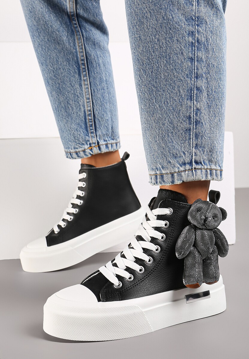 Czarne Trampki za Kostkę na Grubej Podeszwie z Aplikacją w Kształcie Misia Ivarina