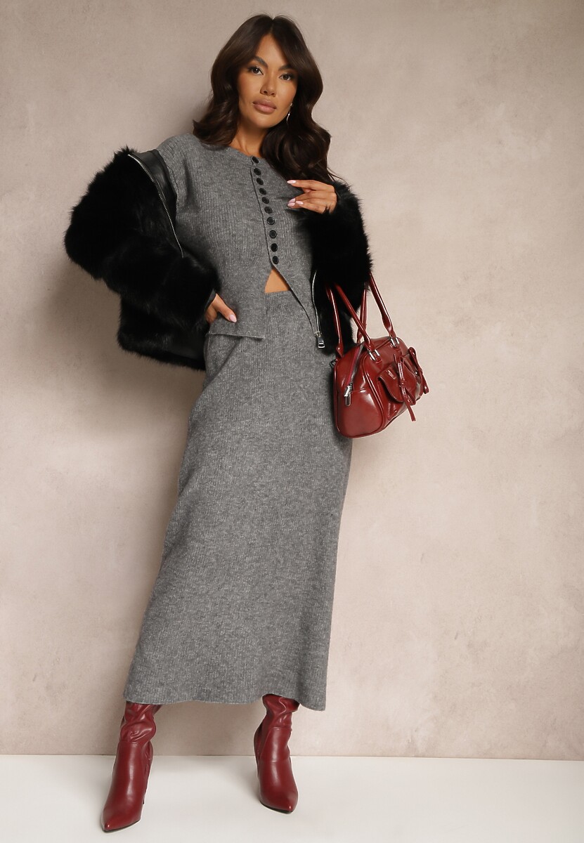 Ciemnoszary Komplet z Dzianiny z Wełną Kardigan z Guzikami i Spódnica z Gumką w Talii Melzina