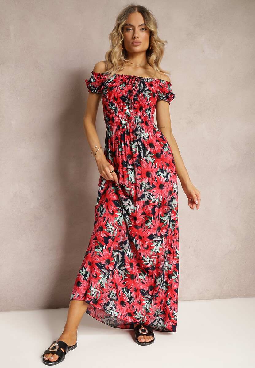 Granatowo-Czerwona Rozkloszowana Sukienka Hiszpanka z Wiskozy w Kwiatowy Wzór Viseria