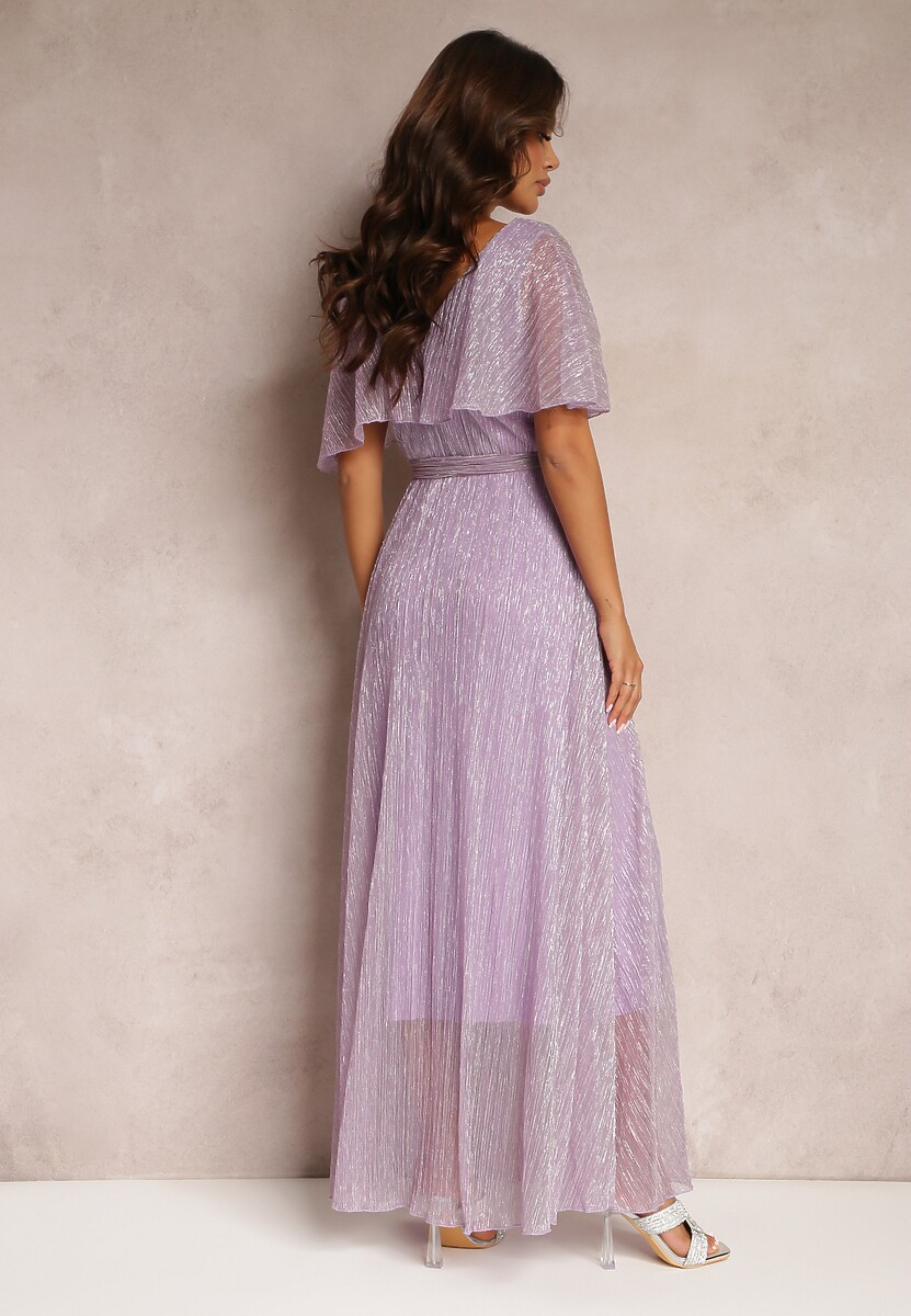 Ciemnofioletowa Koktajlowa Sukienka Maxi z Ozdobną Falbaną na Górze Cailey