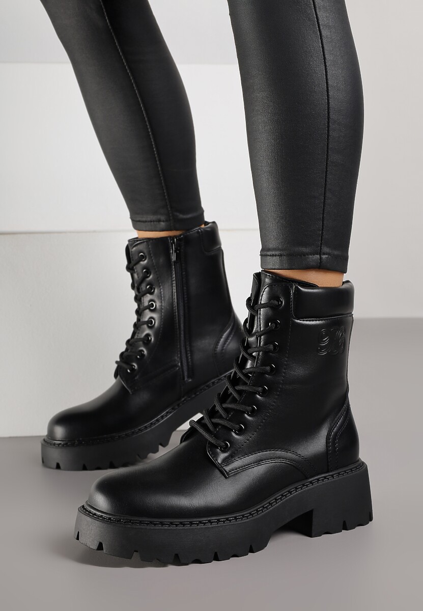 Brązowe Ocieplane Sznurowane Botki Vices na Płaskiej Podeszwie Ozdobione Tłoczeniem Zerilea