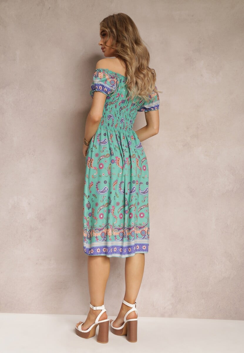 Miętowa Bawełniana Sukienka Hiszpanka z Gumką w Pasie i Wzorem Paisley Maggies
