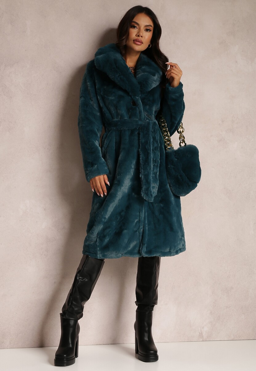 Ciemnozielony Płaszcz Futrzany Teddy z Wiązanym Paskiem  i Torebką Voda