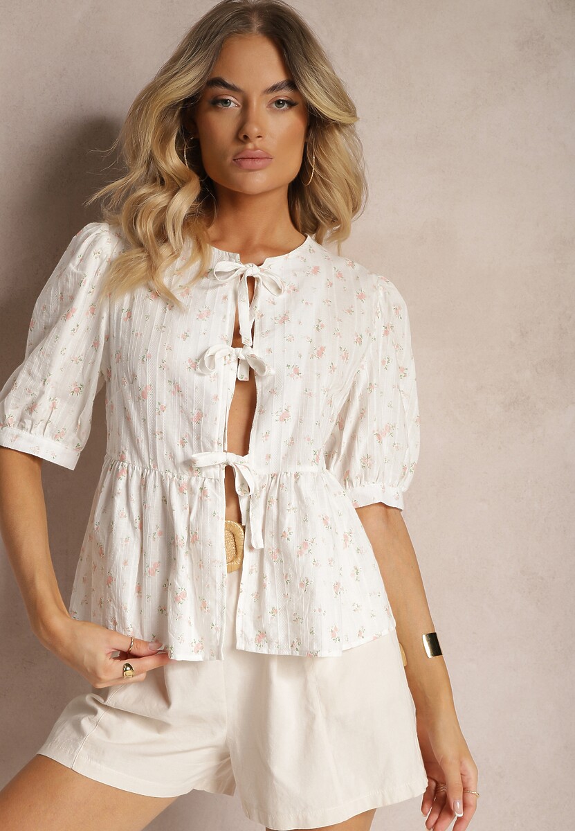 Beżowa Bluzka z Bawełny z Krótkim Rękawem i Ozdobnymi Wiązaniami z Przodu Rinsara