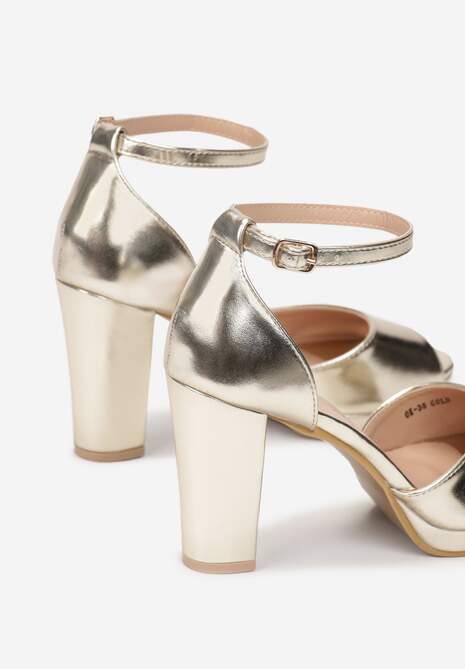 Złote Sandały na Słupkowym Obcasie ze Sprzączką przy Kostce Aridite