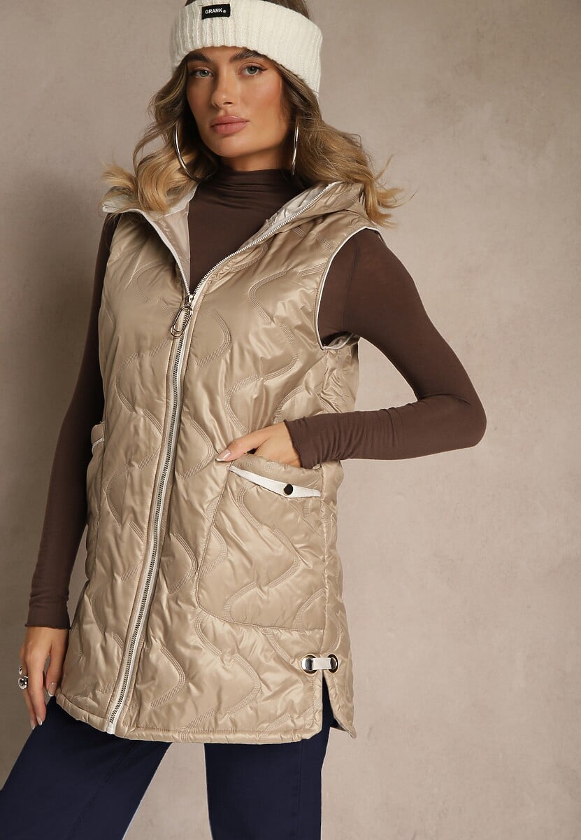 Ciemnobeżowa Kamizelka o Prostym Kroju z Kapturem i Kieszeniami z Pikowaniem Asloti