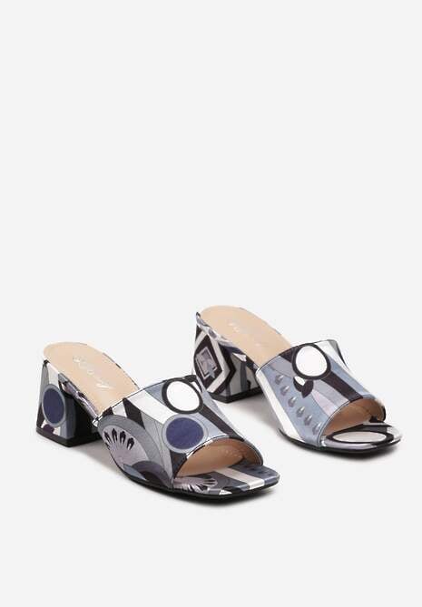 Granatowe Klapki Satynowe z Kwadratowym Noskiem w Malowniczy Wzór  Biza