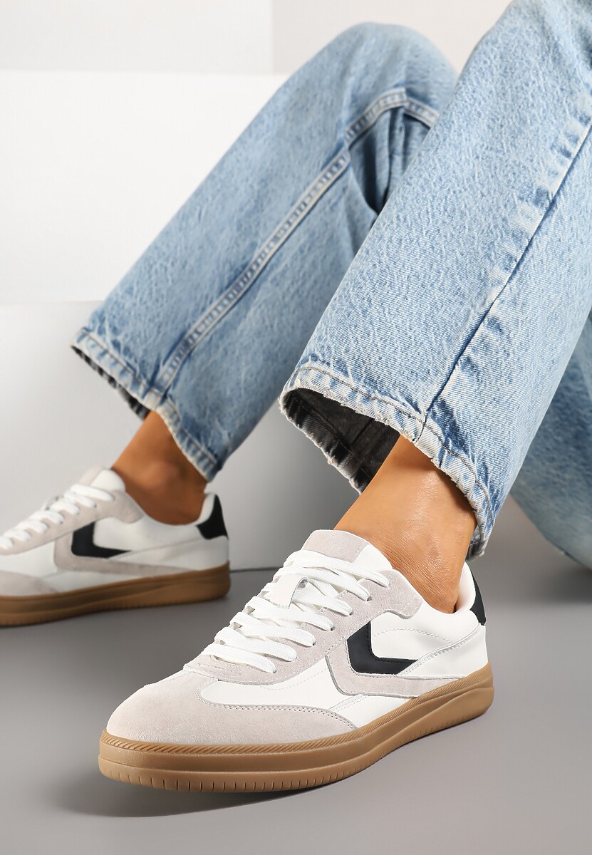 Beżowe Sneakersy Skórzane w Stylu Tenisówek z Geometrycznym Motywem Erisane