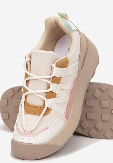 Beżowe Sznurowane Płaskie Sneakersy z Kolorowymi Wstawkami z Ekoskóry Wonise