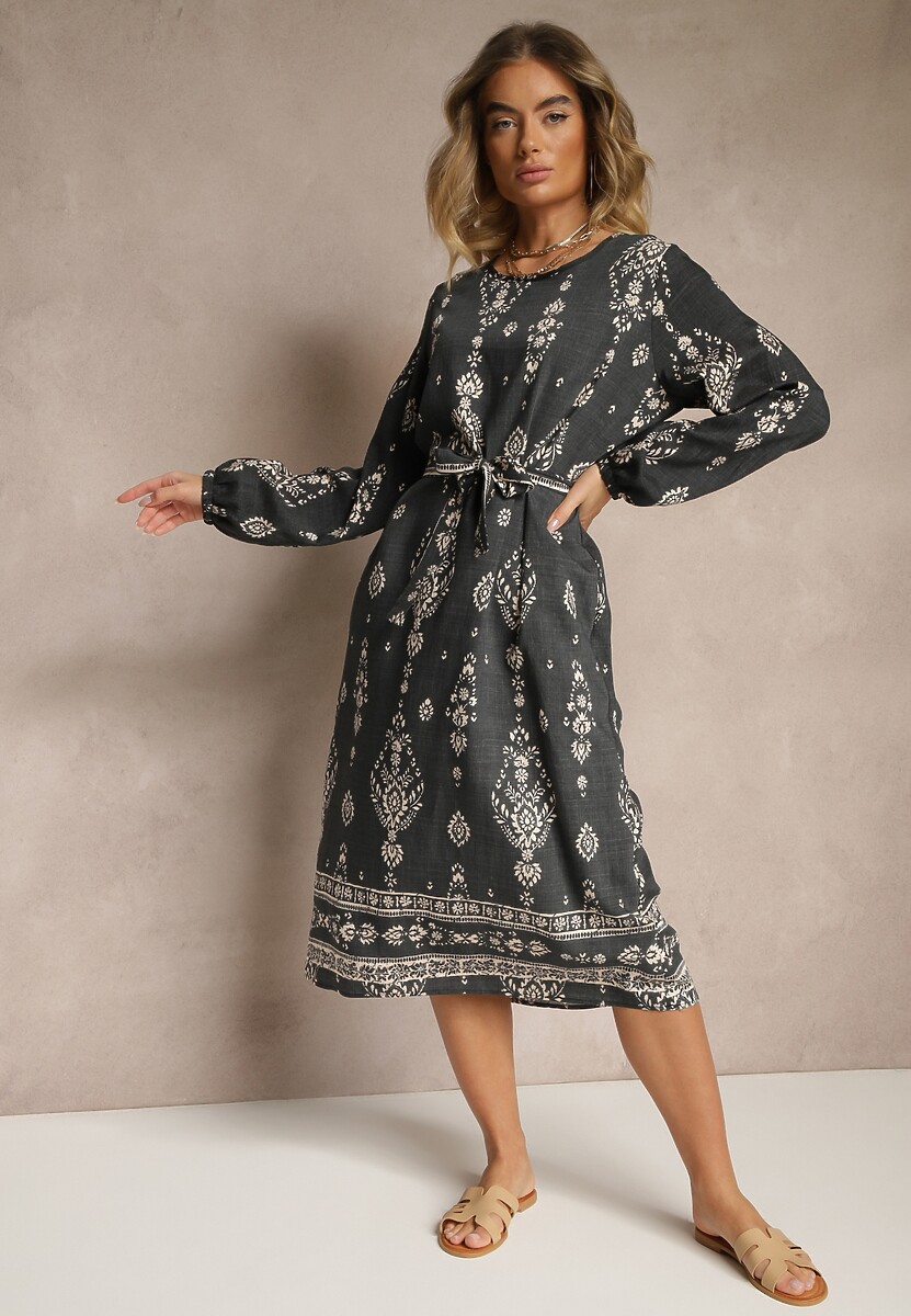 Ciemnoszara Pudełkowa Sukienka Boho w Etniczne Wzory z Paskiem Lisalenea