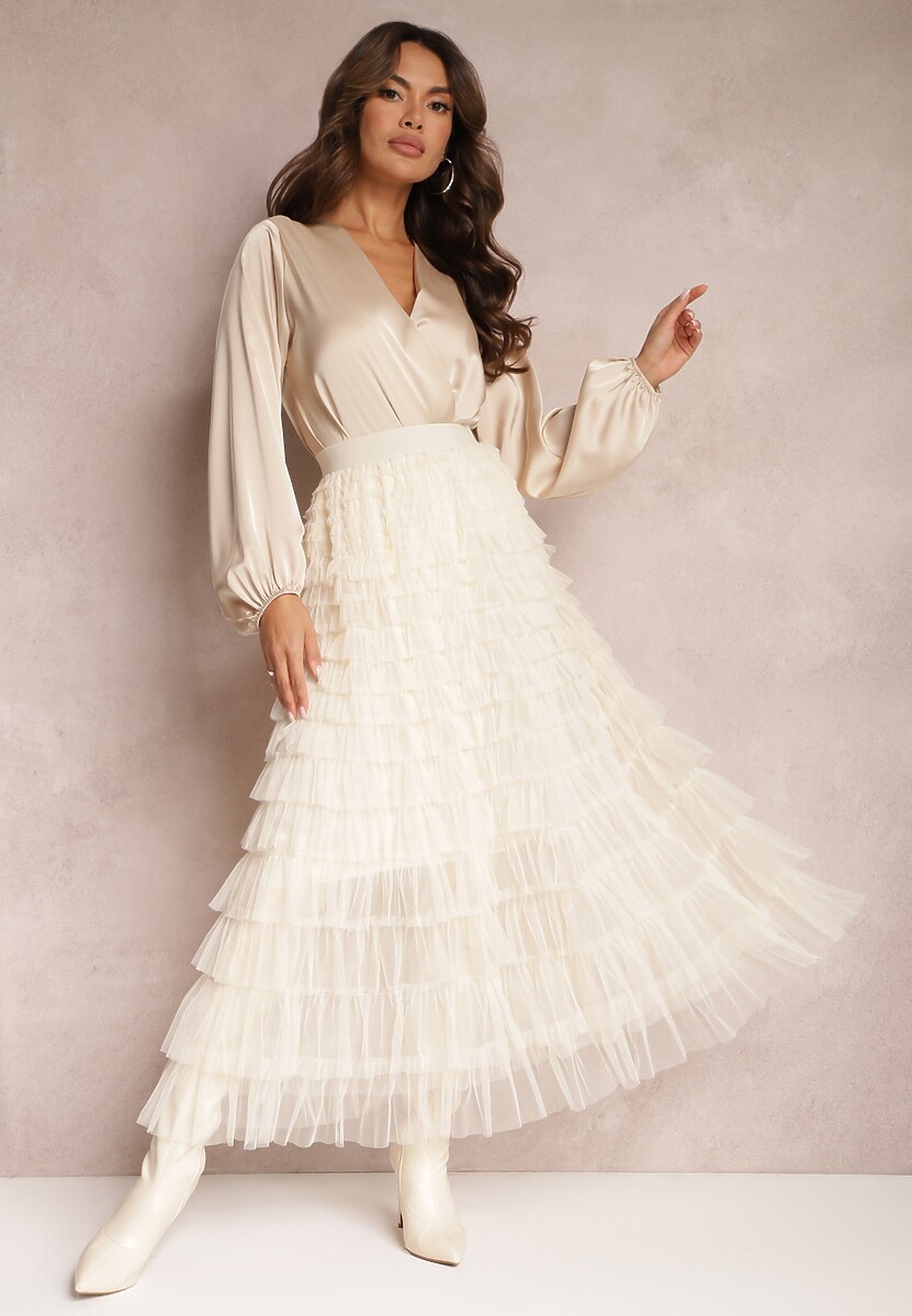 Beżowa Tiulowa Spódnica Maxi z Gumką w Pasie Oliviah