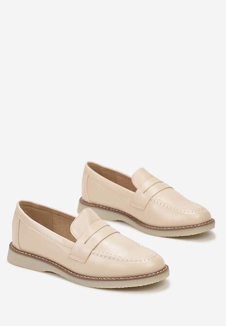 Beżowe Klasyczne Mokasyny Ozdobione Wstawką i Przeszyciem Berdafa