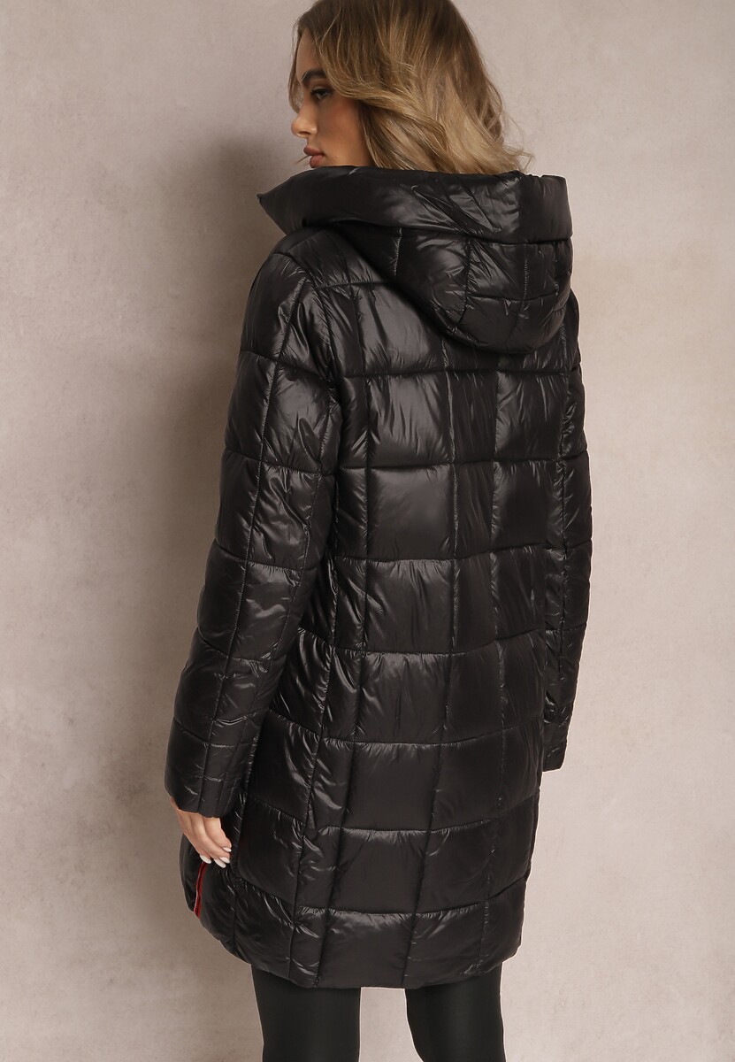 Czarna Kurtka Pikowana z Lampasami i Kapturem Zine