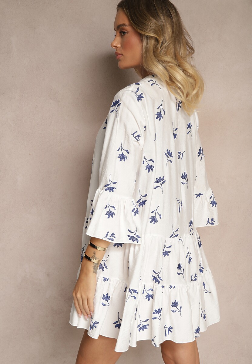 Biała Rozkloszowana Sukienka z Wiskozą Zdobiona Haftem i Falbanami Aliorra